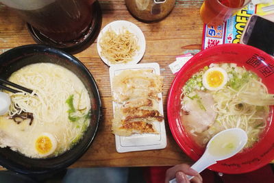High angle view of food served on table