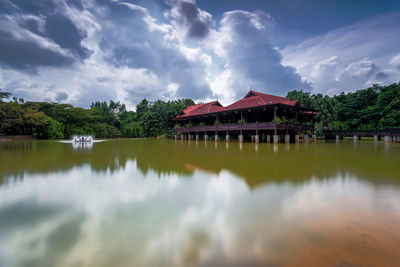 Scenic view of lake by building against sky