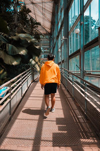 Rear view of woman walking on footpath