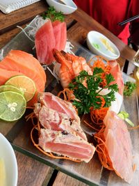 High angle view of seafood in plate on table