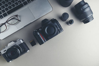 High angle view of camera on table