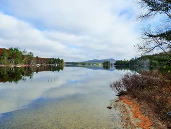 Scenic view of calm lake against cloudy sky