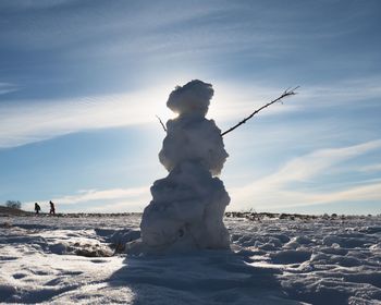 Snow covered land against sky during sunset