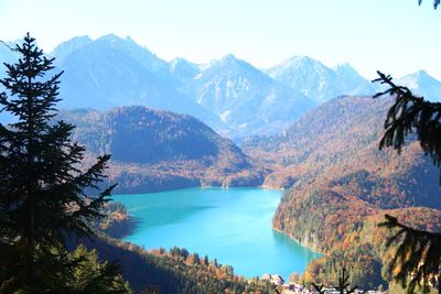 Scenic view of lake and mountains against sky