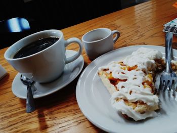 High angle view of breakfast and coffee on table