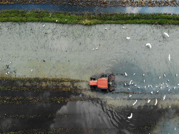 High angle view of wet window during rainy season