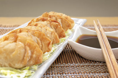 High angle view of bread in plate on table