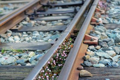 High angle view of stones on railroad track