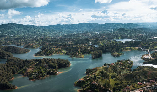 High angle view of bay against sky