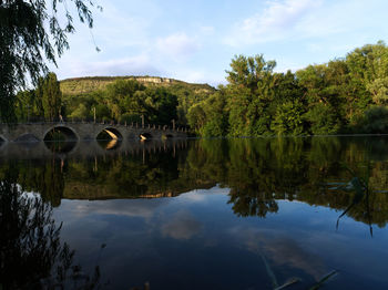 Reflection of trees in lake against sky