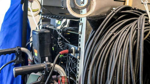 Close-up of equipment with cables in factory