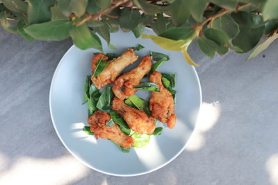 High angle view of food in plate on table