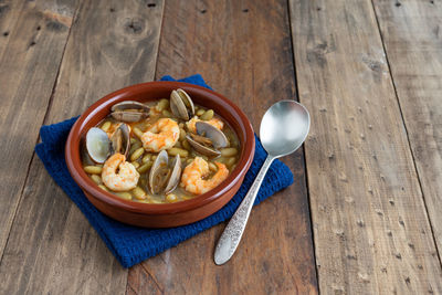 High angle view of soup in bowl on table