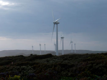 Low angle view of windmill on field against sky