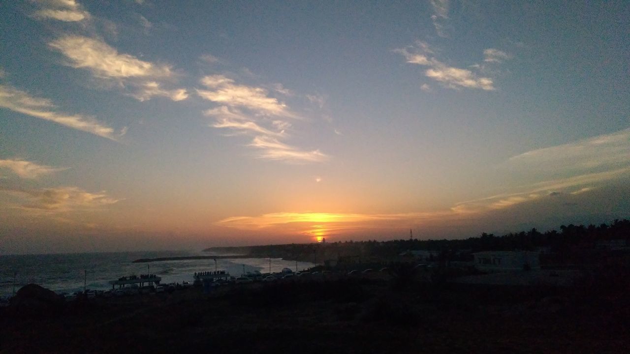 SCENIC VIEW OF SILHOUETTE BEACH AGAINST SKY AT SUNSET