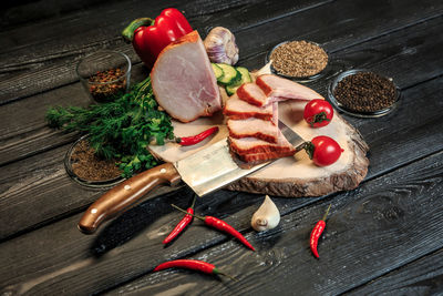 High angle view of fruits and vegetables on table