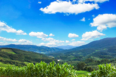 Scenic view of mountains against cloudy sky