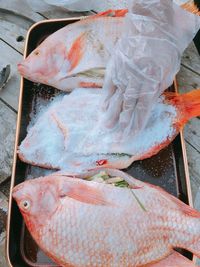 Cropped hand of chef preparing fish in plate on table