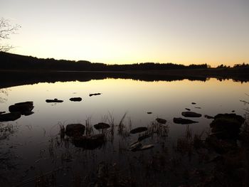 Scenic view of lake against sky at sunset