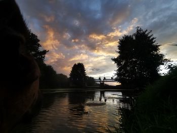 Silhouette trees by lake against sky during sunset