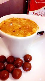 Close-up of soup in bowl on table