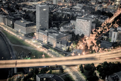 High angle view of illuminated cityscape at night