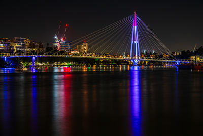 Illuminated bridge over river at night
