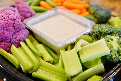 Close-up of chopped vegetables in tray