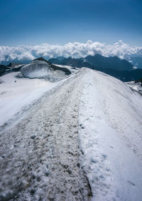 Scenic view of snow covered mountains against sky