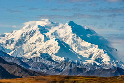 Scenic view of snowcapped denali  or mount mckinley  against sky