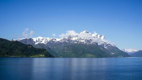Scenic view of lake and mountains against sky