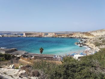 High angle view of sea against clear sky