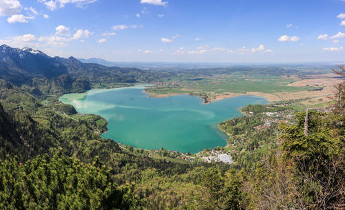 Aerial view of trees and lake against sky