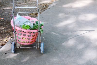 High angle view of potted plants on footpath by street