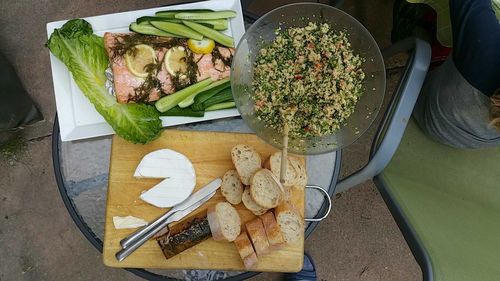 High angle view of vegetables in plate on table