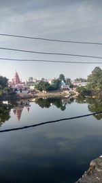 Reflection of buildings in lake against sky