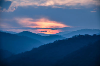 Scenic view of silhouette mountains against sky at sunset