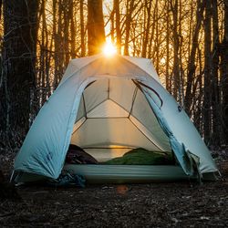 Tent on appalachian trail with sunset