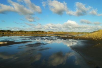 Scenic view of lake against cloudy sky