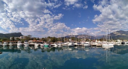 Sailboats moored at harbor against sky