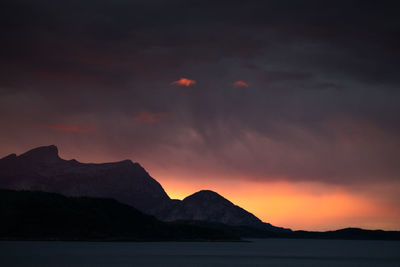 Scenic view of silhouette mountains against sky at sunset