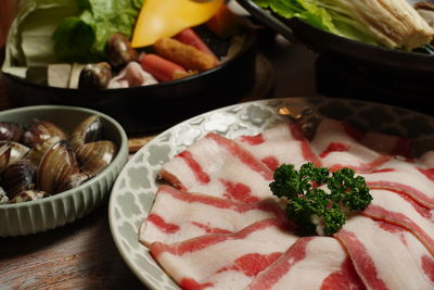 Close-up of food served on table