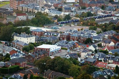 High angle view of buildings in city