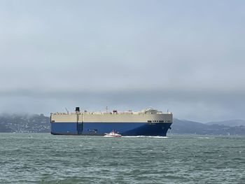 Ship sailing on sea against sky