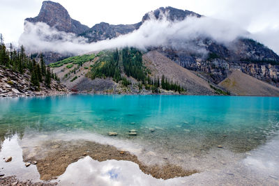 Scenic view of lake against cloudy sky