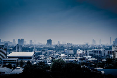 High angle view of buildings against sky