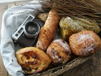 High angle view of bread in basket on table