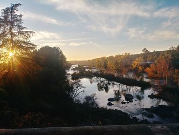 River amidst trees against sky during sunset