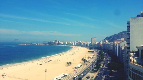 Panoramic view of beach with city in background
