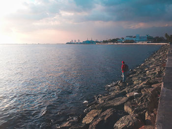 Rear view of man standing on sea shore against sky